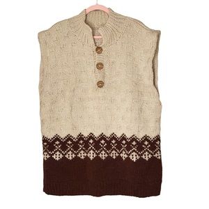 Large Handmade Hand Crafted Sweater Vest Knit Brown Tan Fair Isle Pattern